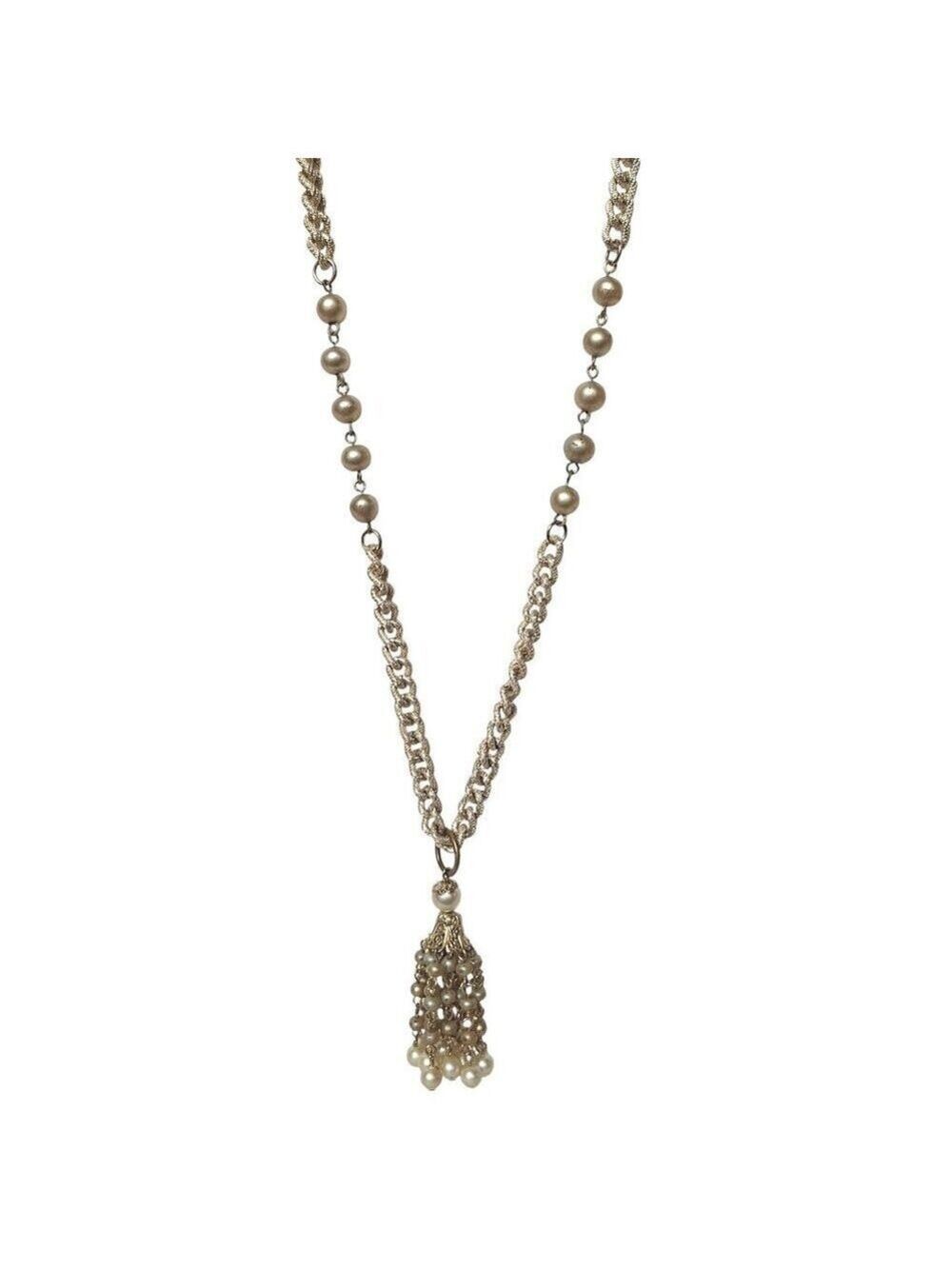 Gold Tone Tassel Chain Necklace Metallic Beads Flapper Gatsby Art Deco